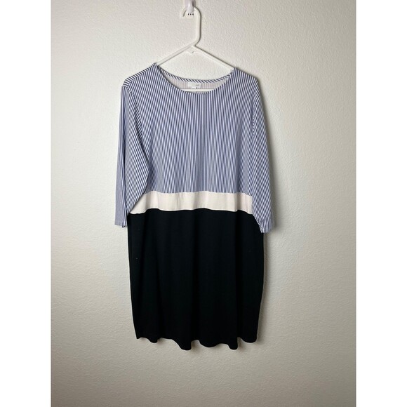 J. Jill Colorblock Dress Womens 2X Blue Stripe Black Elbow Sleeve Knit Plus Size - Picture 1 of 6